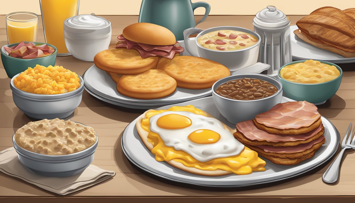 A table with regional breakfast items from Hardee's, including biscuits, gravy, and regional specialties like country ham or breakfast burritos