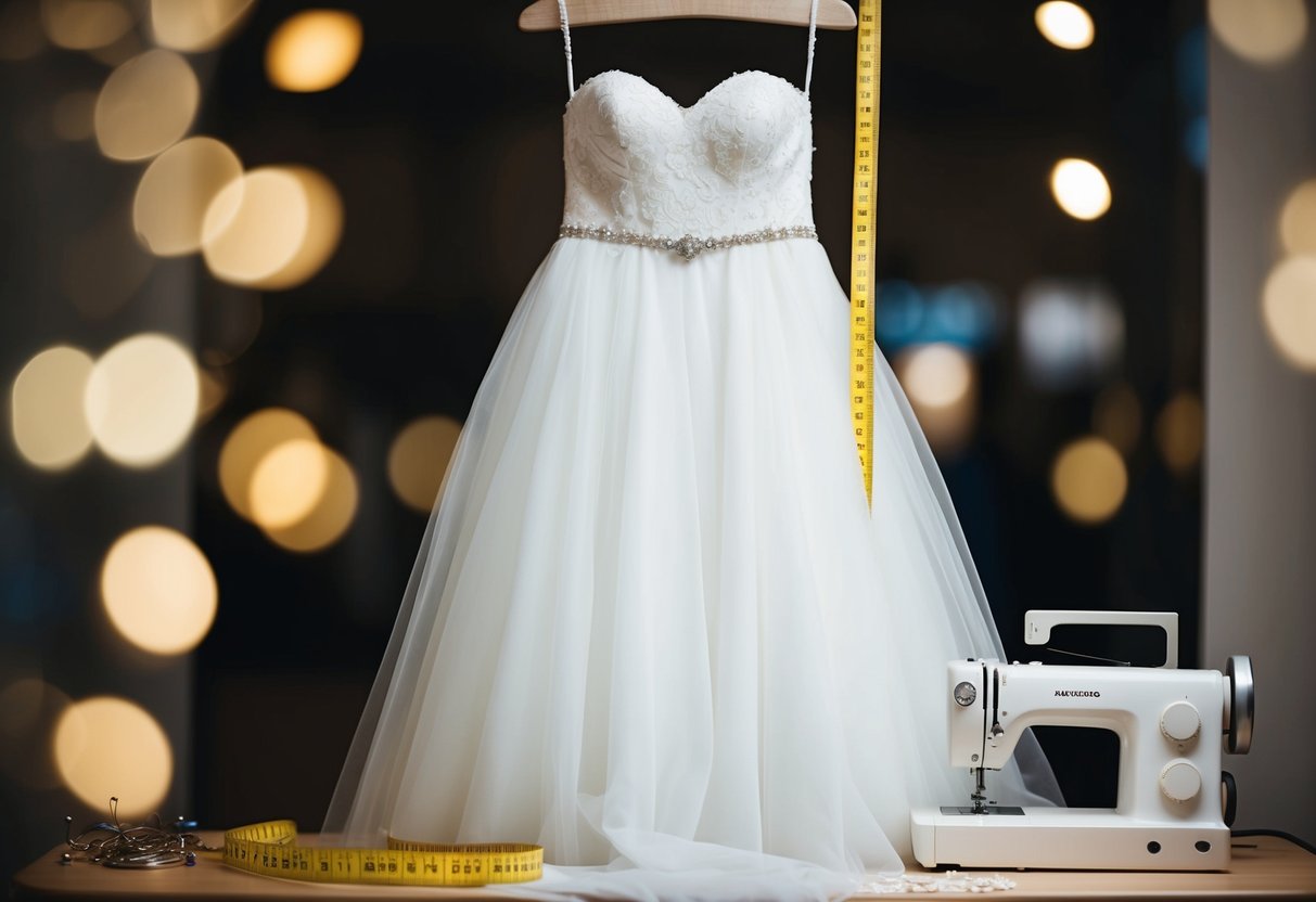 A wedding dress hanging on a tailor’s mannequin, surrounded by measuring tape, pins, and a sewing machine