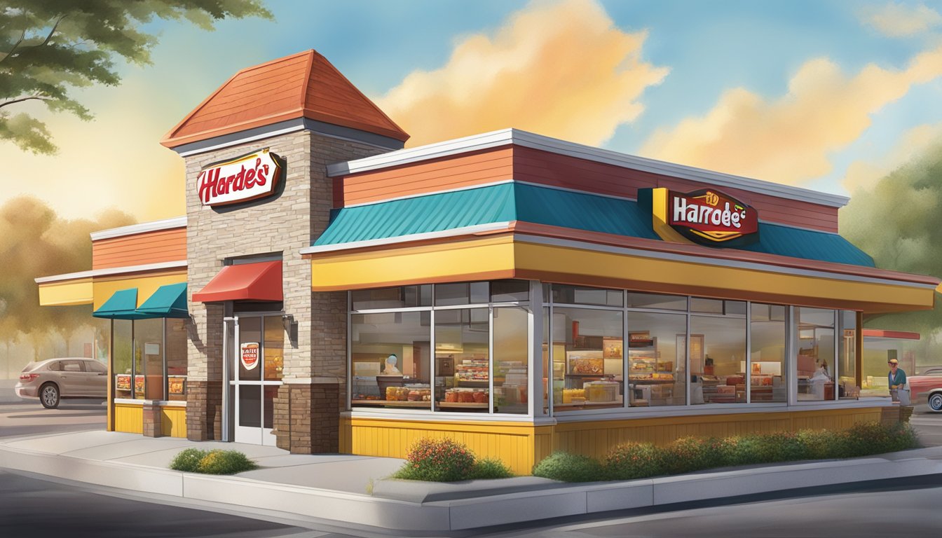 An inviting, sunlit Hardee's restaurant with a bustling drive-thru and a colorful display of breakfast items on the menu board