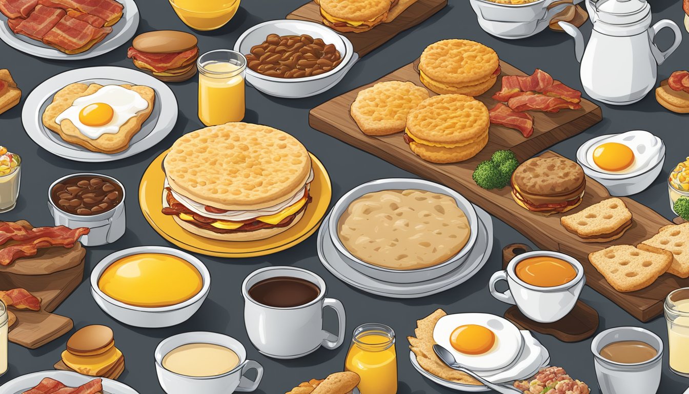 A table with regional breakfast items from Hardee's, including biscuits, gravy, eggs, and bacon, displayed in a colorful and appetizing arrangement