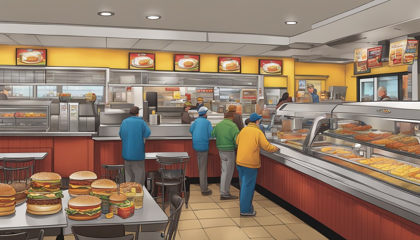 A bustling Hardee's restaurant at dawn, with iconic breakfast items on display and customers lined up at the counter