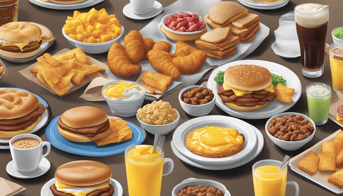 A colorful array of Hardee's breakfast items and combos displayed on a table, showcasing regional variations in menu offerings