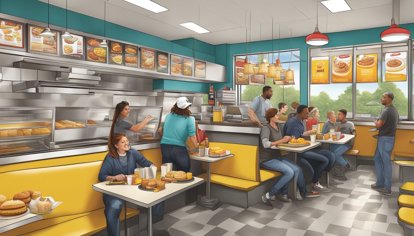 A bustling Hardee's breakfast franchise with customers enjoying food and staff working efficiently