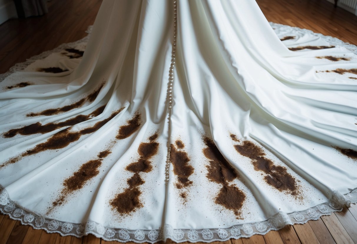 Brown stains on a white wedding dress, scattered across the bottom hem and along the train, with a few concentrated spots near the waistline