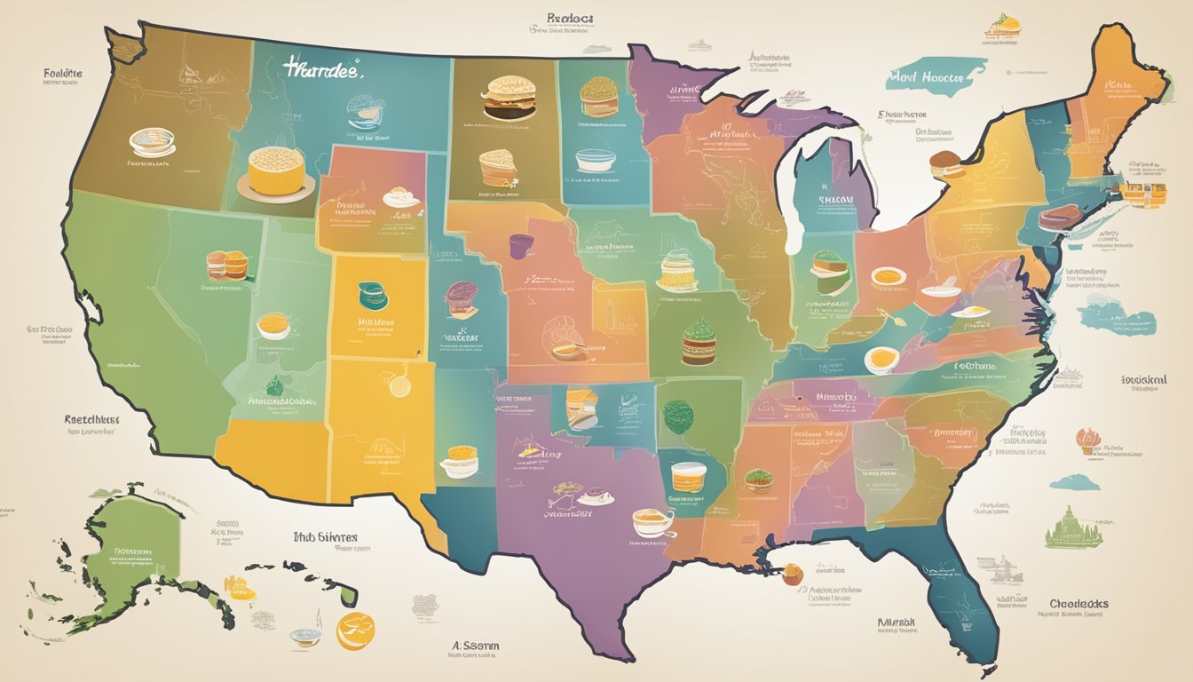 A map of the United States with regional breakfast menu items from Hardee's highlighted in different colors