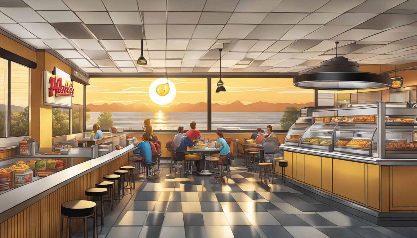 A bustling Hardee's restaurant at sunrise, with the iconic star logo shining above a spread of fresh breakfast items on the counter