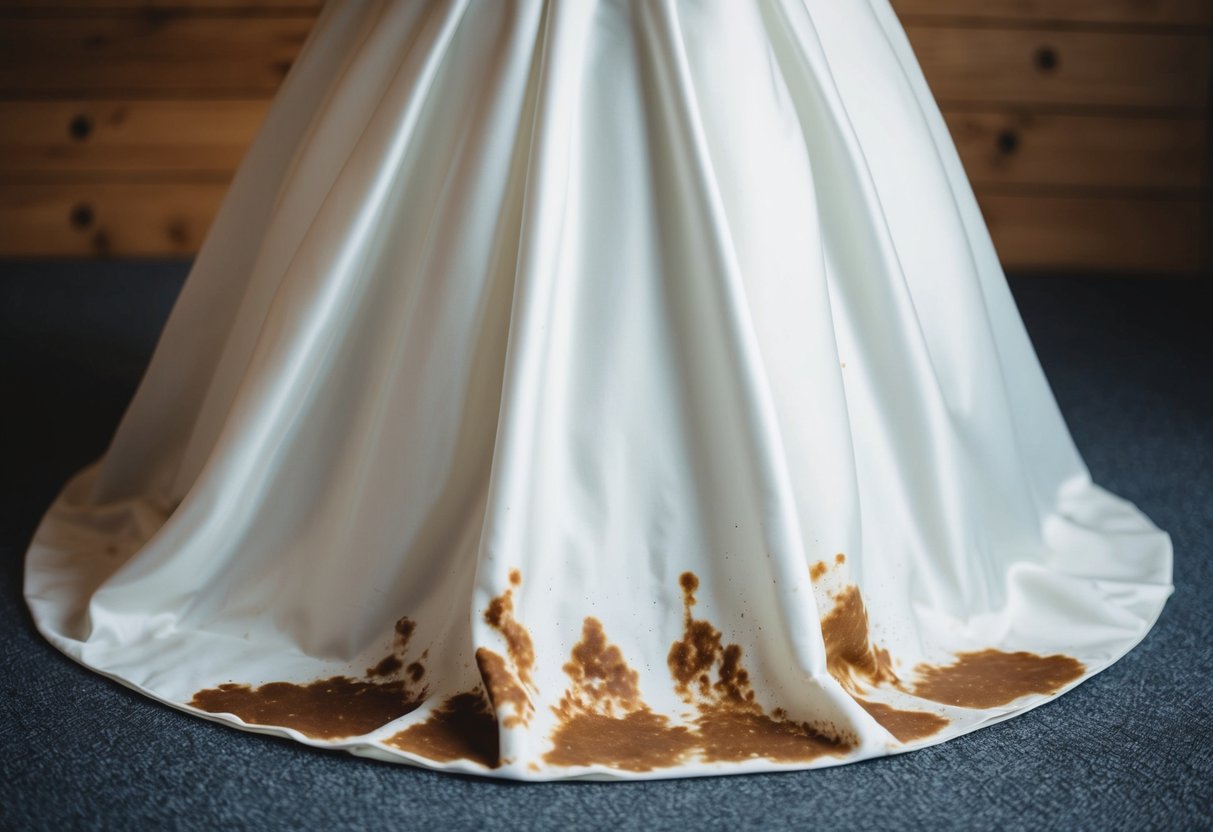 A wedding dress with brown stains on the hem and bodice, possibly from dirt, food, or drink