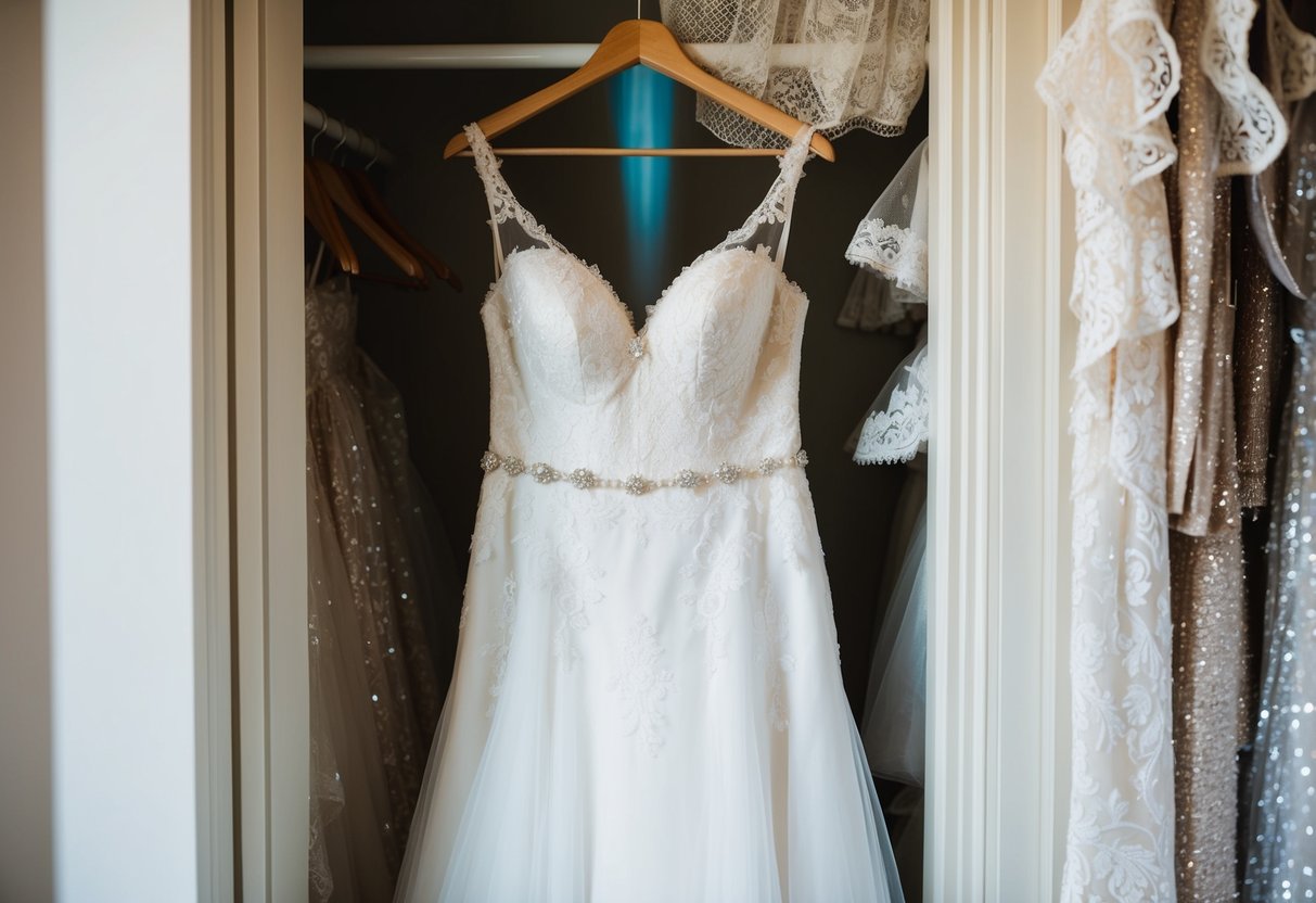 A wedding dress hangs gracefully in a sunlit closet, surrounded by delicate lace and shimmering fabric