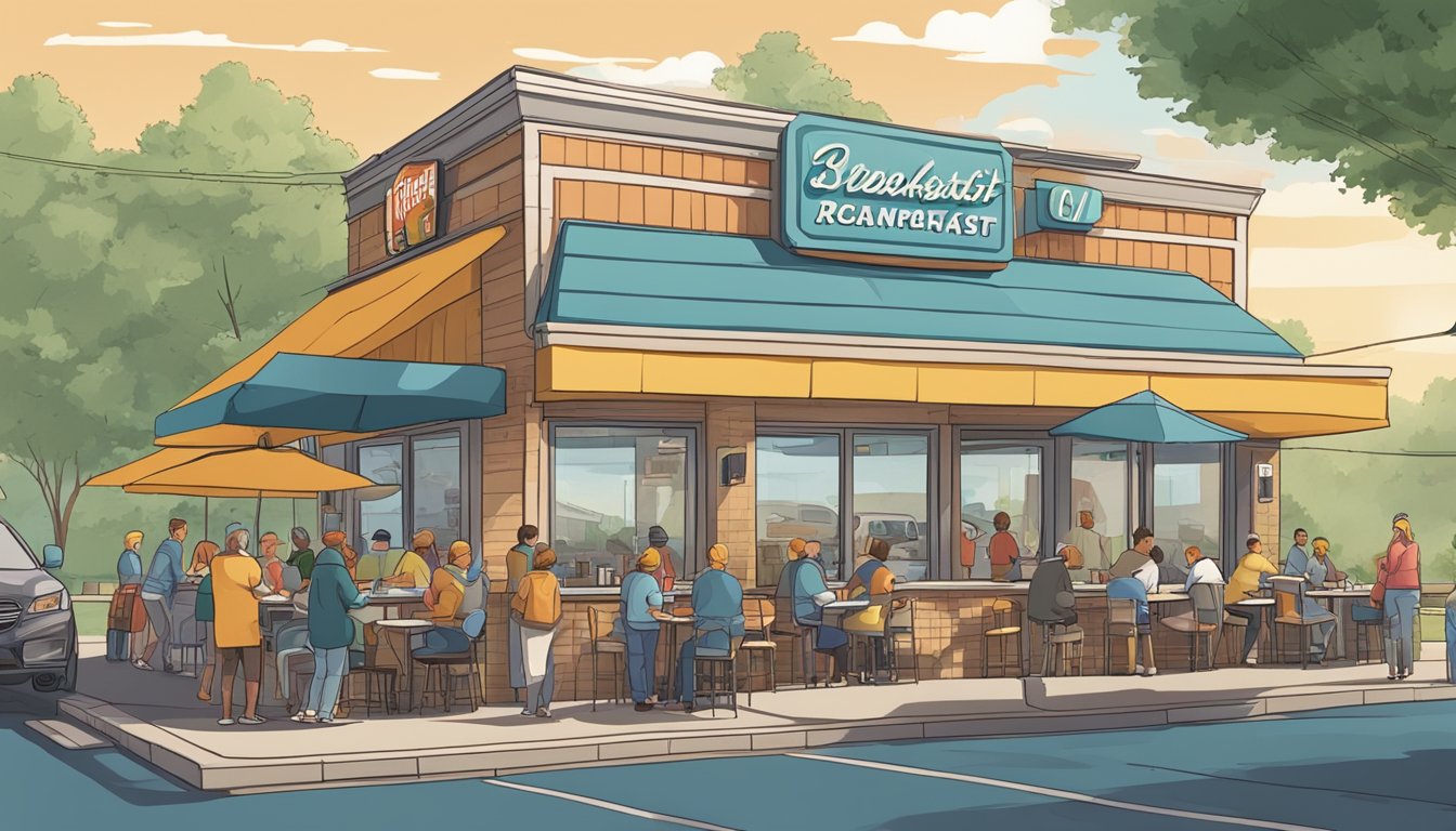 A bustling breakfast restaurant with a drive-thru, outdoor seating, and a colorful sign. Customers line up to order while staff members prepare food inside