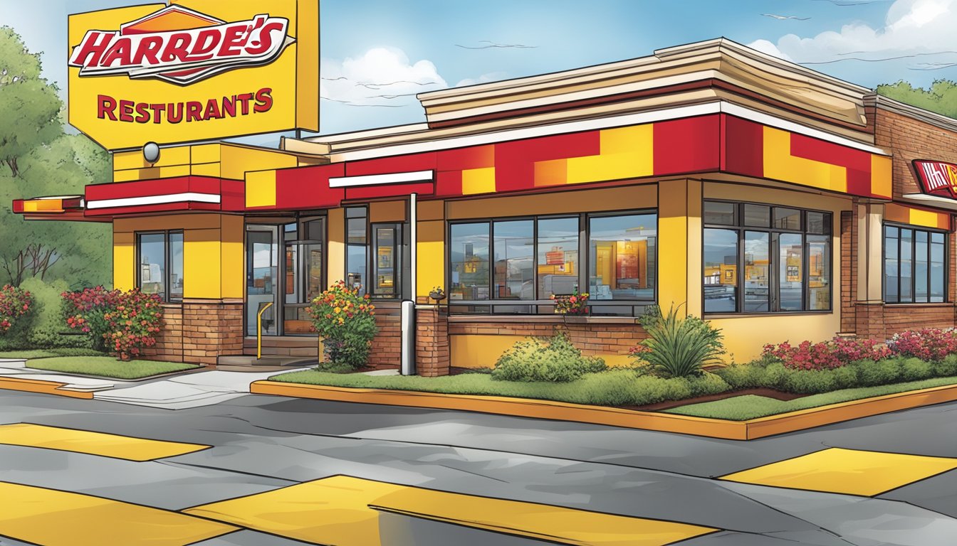 A bustling Hardee's restaurant with iconic red and yellow branding, featuring a breakfast combo displayed in a vibrant, eye-catching packaging