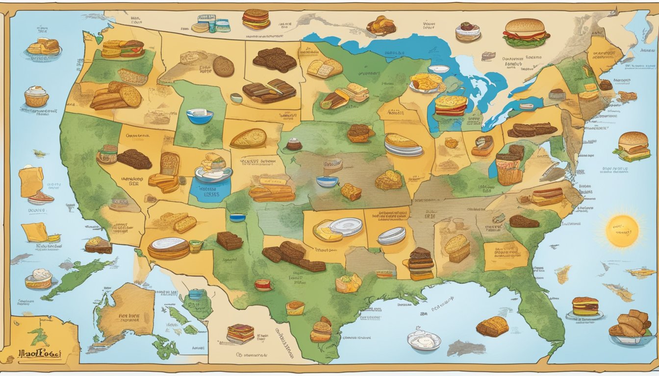 A map of the United States with various breakfast items from Hardee's menu displayed, each labeled with regional linguistic variations