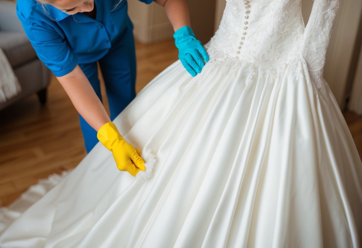 A wedding dress being carefully cleaned and preserved by a professional cleaner, using gentle techniques to ensure its longevity
