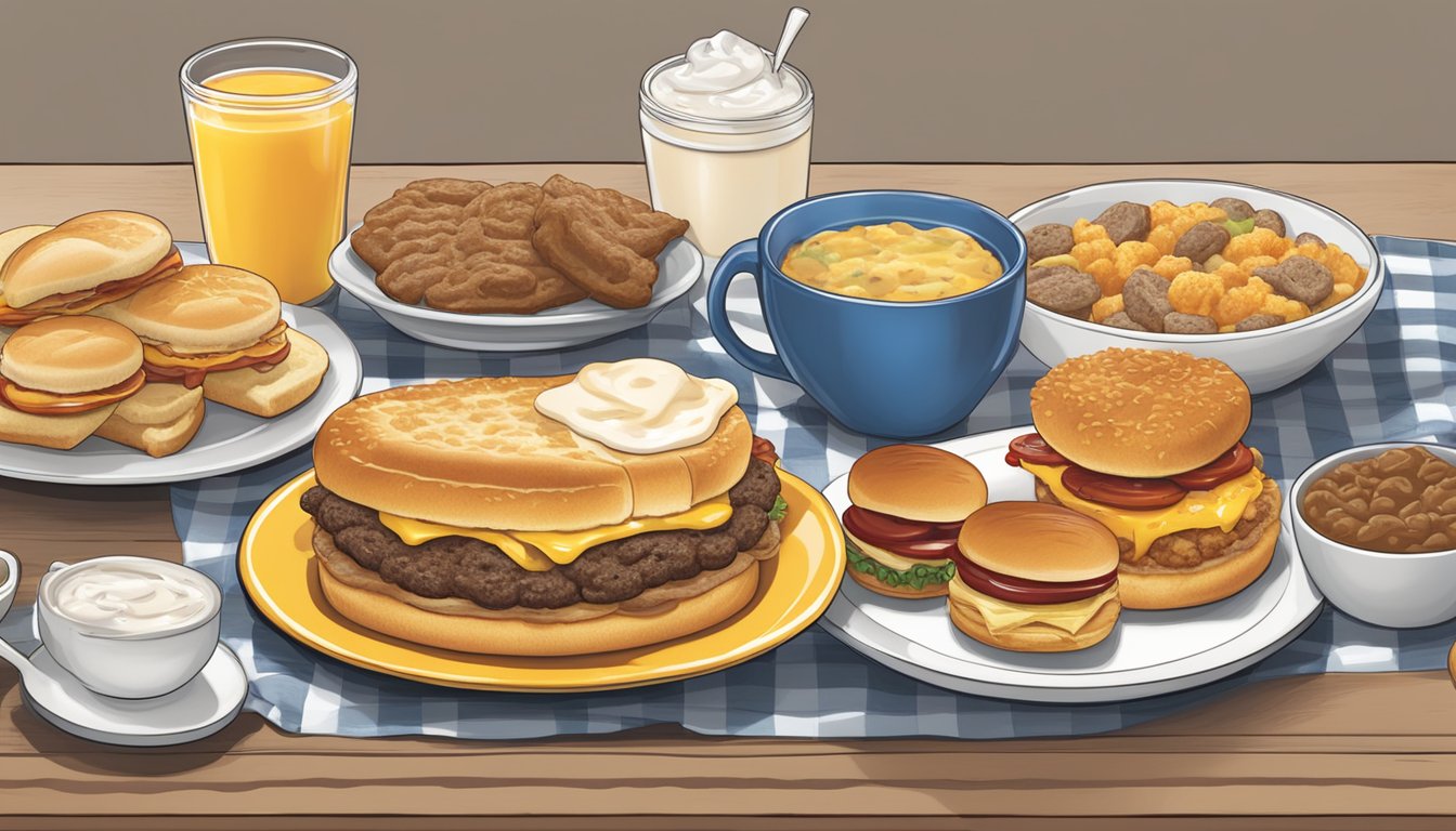 A table with regional breakfast items from Hardee's, including biscuits, gravy, and various breakfast sandwiches, displayed on colorful plates