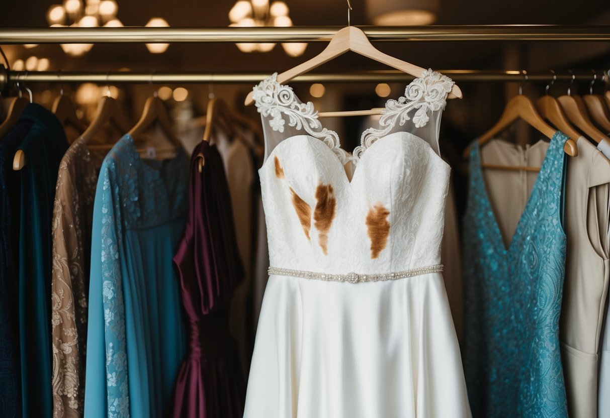 A wedding dress hanging on a rack with brown stains on the fabric, surrounded by other garments
