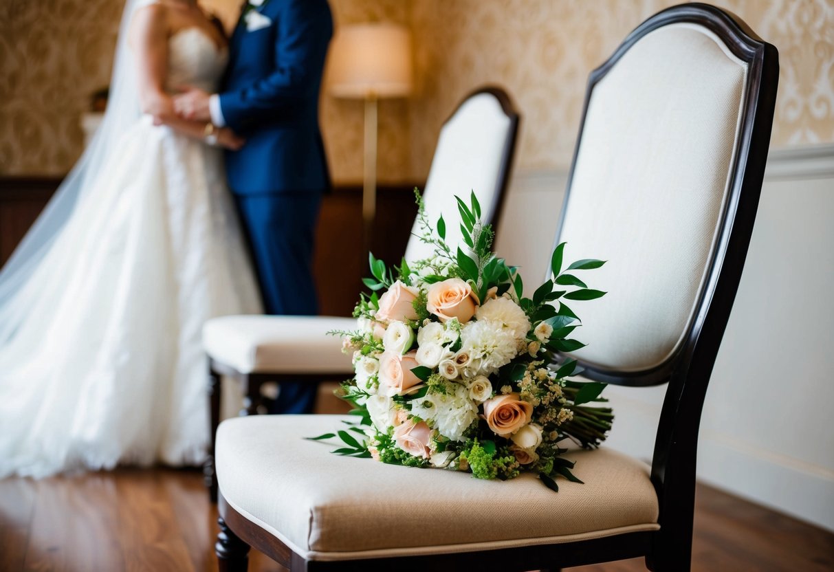 A bouquet of flowers rests on the empty chair next to the bride at the wedding