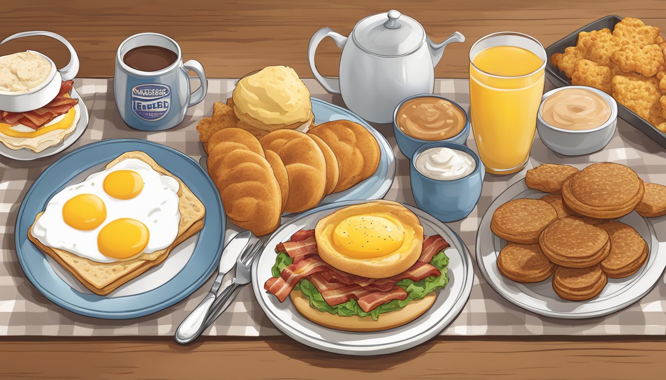 A table with regional breakfast items from Hardee's, including biscuits, gravy, eggs, and bacon, displayed with various linguistic variations