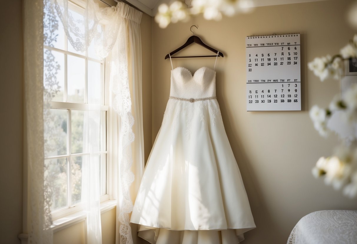 A wedding dress hangs in a sunlit room, surrounded by delicate lace and flowing fabric. A calendar on the wall marks the passage of time