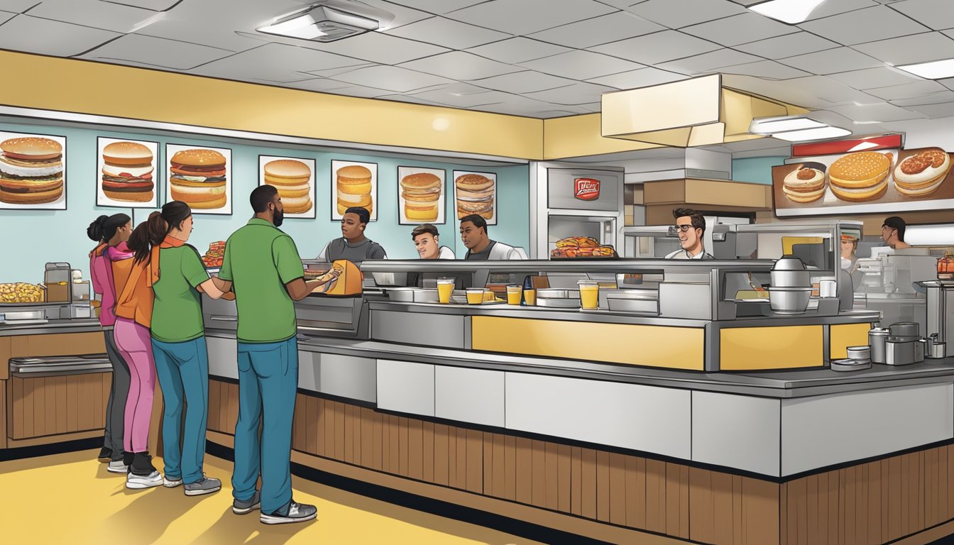 A bustling Hardee's breakfast franchise with customers lined up at the counter, employees serving hot food, and a welcoming atmosphere