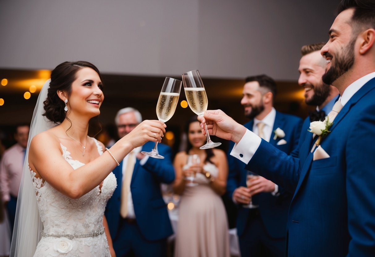 A bride and groom clinking champagne glasses with a guest at their reception