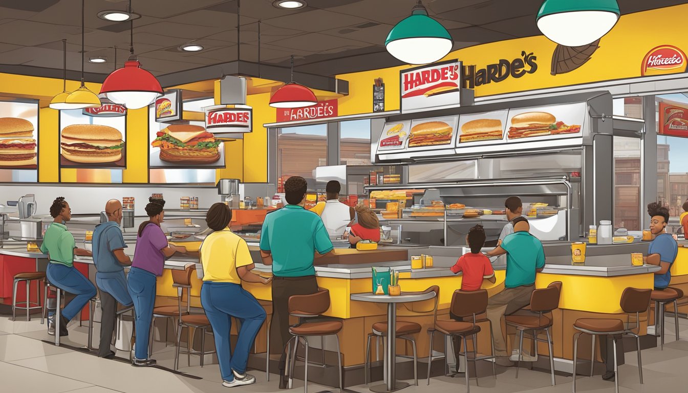 A bustling Hardee's breakfast franchise with customers enjoying their meals at tables, staff working behind the counter, and the iconic logo displayed prominently