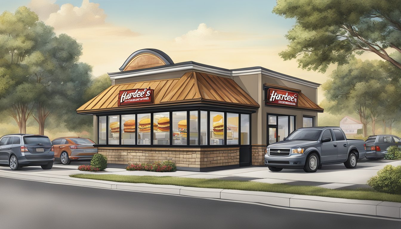 An illustration of a Hardee's breakfast franchise with a focus on legal and regulatory considerations. The scene includes a restaurant exterior, signage, and business documents