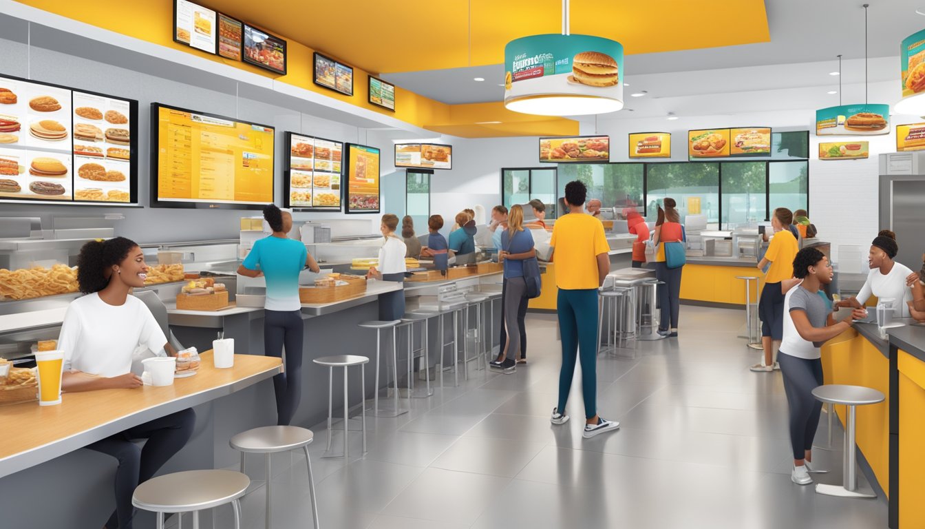 A bustling Hardee's breakfast franchise with customers and staff in a modern, clean setting. Display of financial data and analysis charts on a digital screen