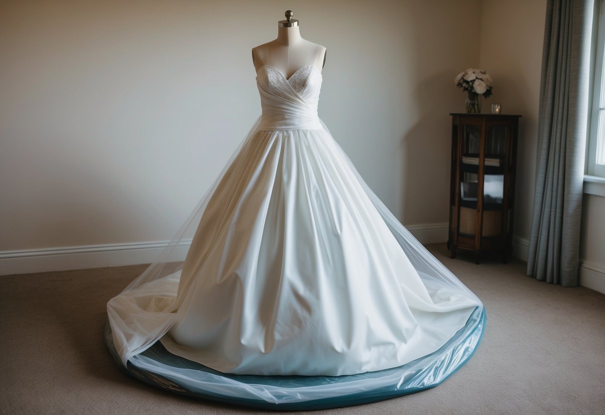 A wedding dress is carefully wrapped in acid-free tissue paper and placed in a sealed, breathable garment bag. It is then stored in a cool, dark, and dry environment, away from direct sunlight and moisture
