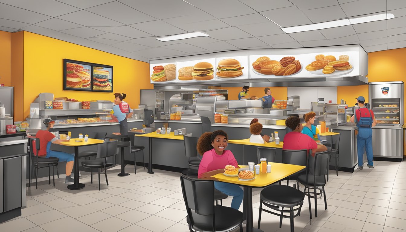 A bustling Hardee's breakfast franchise with customers enjoying their meals at tables, while staff efficiently serve food and drinks behind the counter