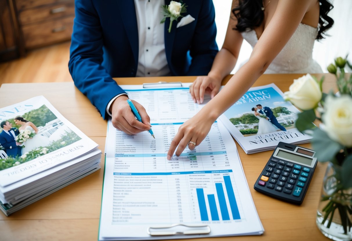 A couple sits at a table, dividing wedding expenses on a spreadsheet, surrounded by wedding magazines and a calculator