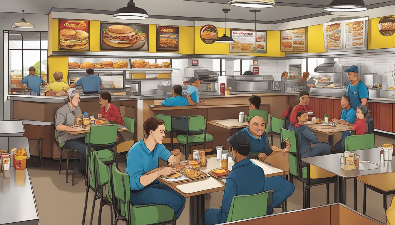 A bustling Hardee's breakfast franchise with customers enjoying meals and staff working efficiently