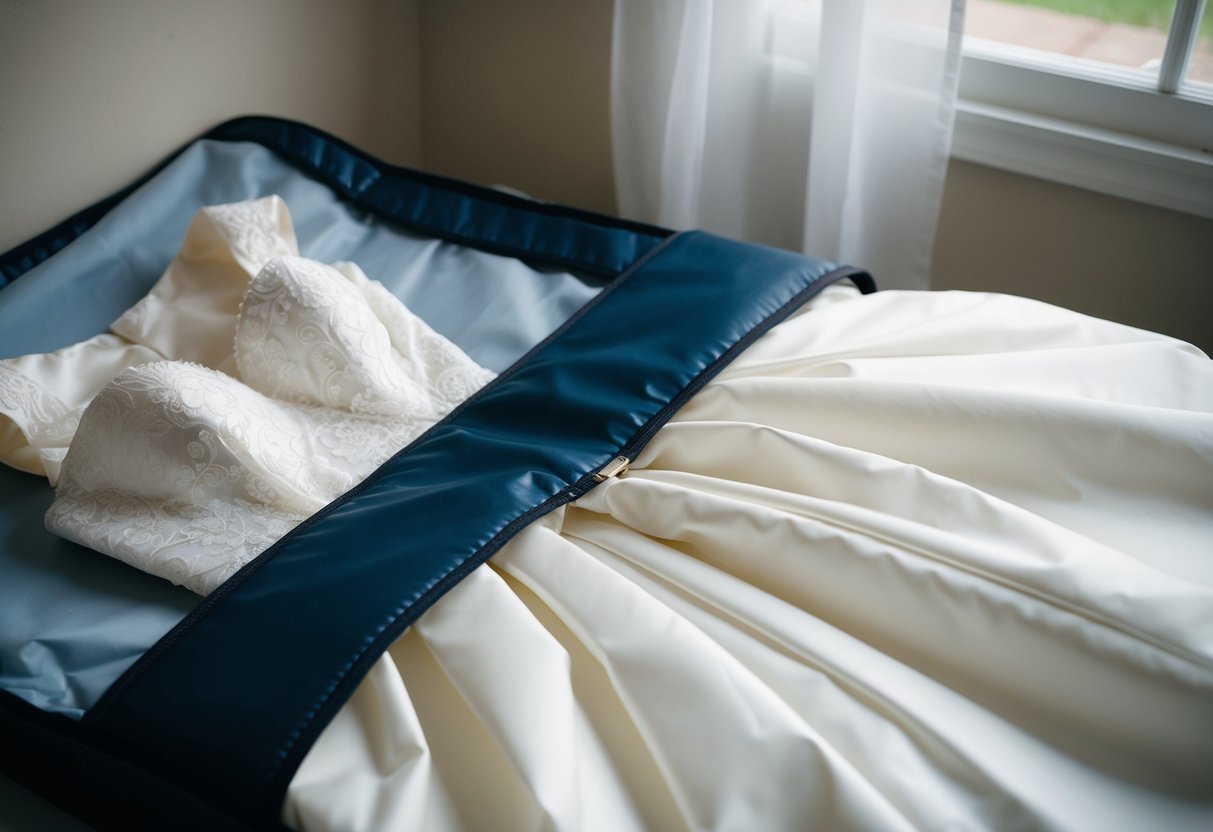A wedding dress carefully wrapped in acid-free tissue paper, placed in a breathable garment bag, and stored in a cool, dark, and dry location