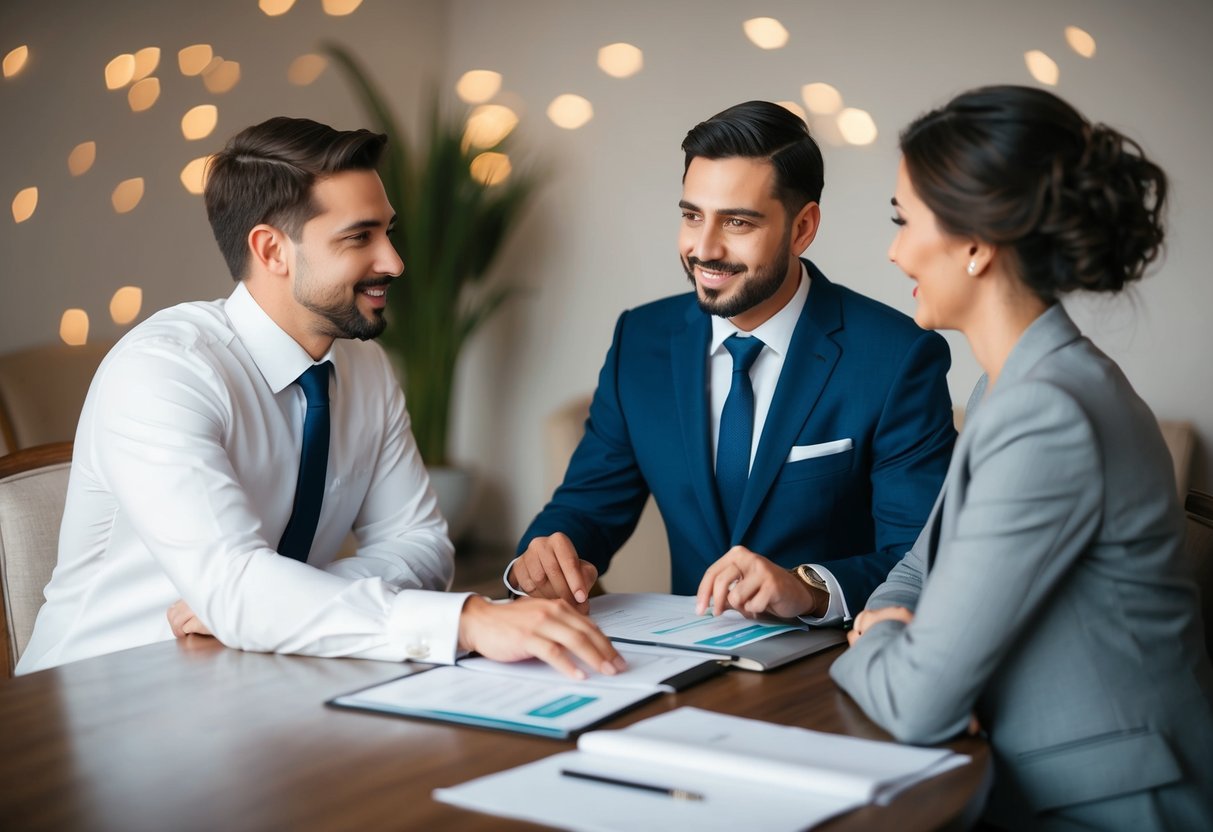 A couple sitting at a table with a wedding planner, discussing and dividing the costs of their personalized wedding plans