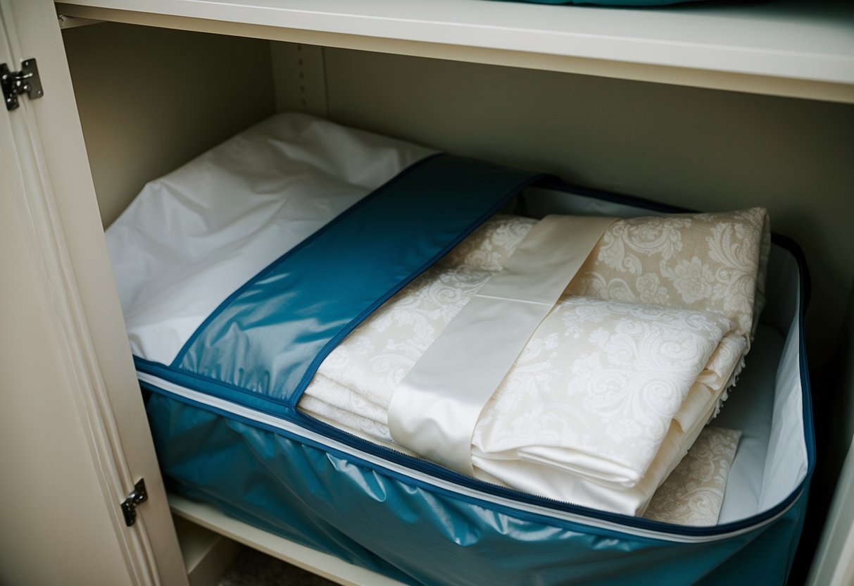 A wedding dress carefully wrapped in acid-free tissue paper and stored in a breathable garment bag, placed in a cool, dark, and dry closet