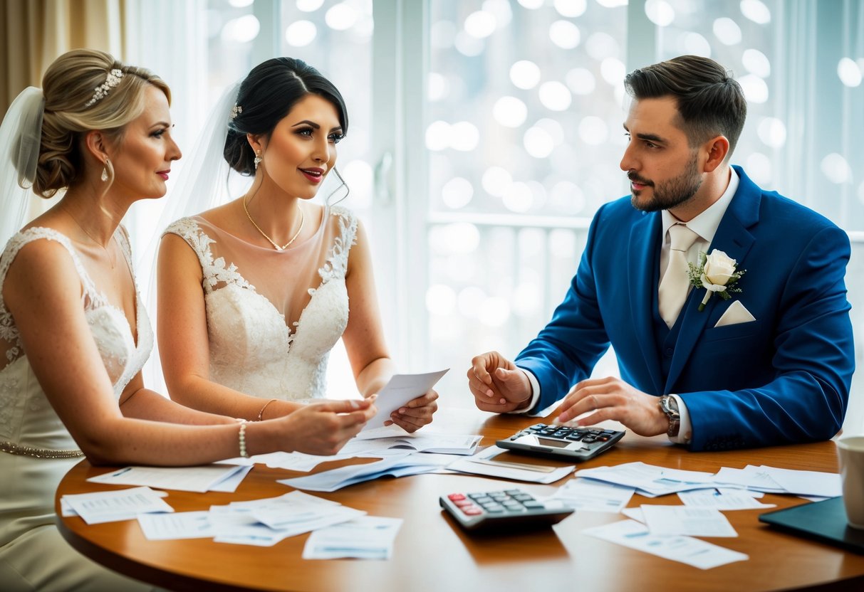 A bride and groom sit at a table, discussing and dividing up wedding expenses with a wedding planner. Receipts and a calculator are scattered across the table