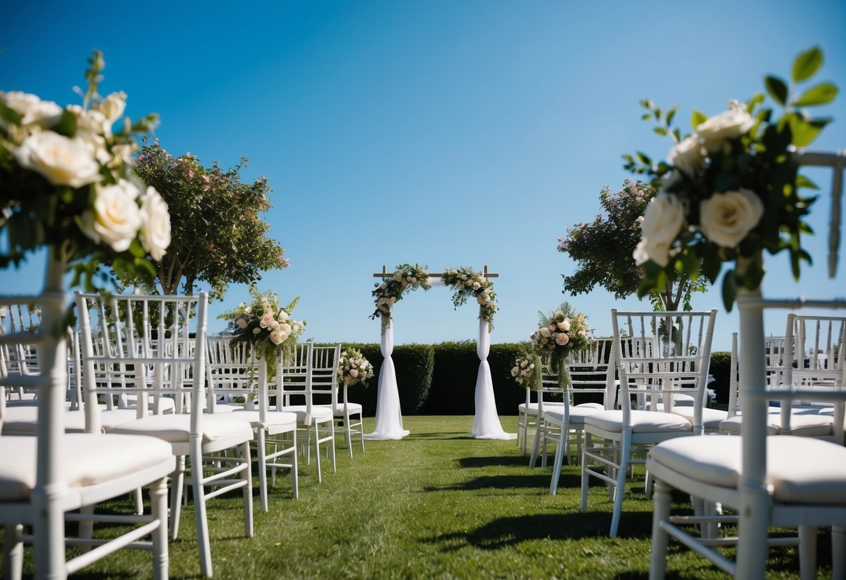 A sunny outdoor wedding venue with blooming flowers and a clear blue sky, set up with elegant chairs and a simple archway