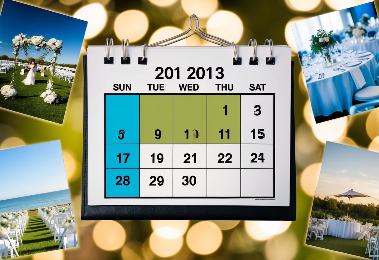 A calendar with different dates highlighted, surrounded by images of wedding venues and cost-saving tips