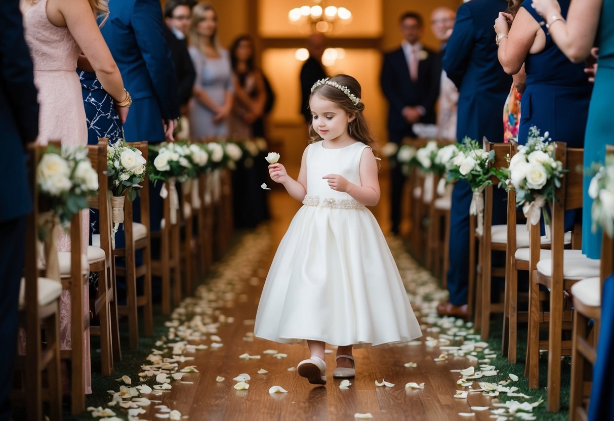The flower girl walks down the aisle scattering petals