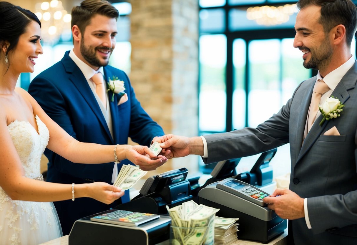 A bride and groom stand at a payment counter, handing over money to a cashier. The cashier smiles as they process the payment for the wedding