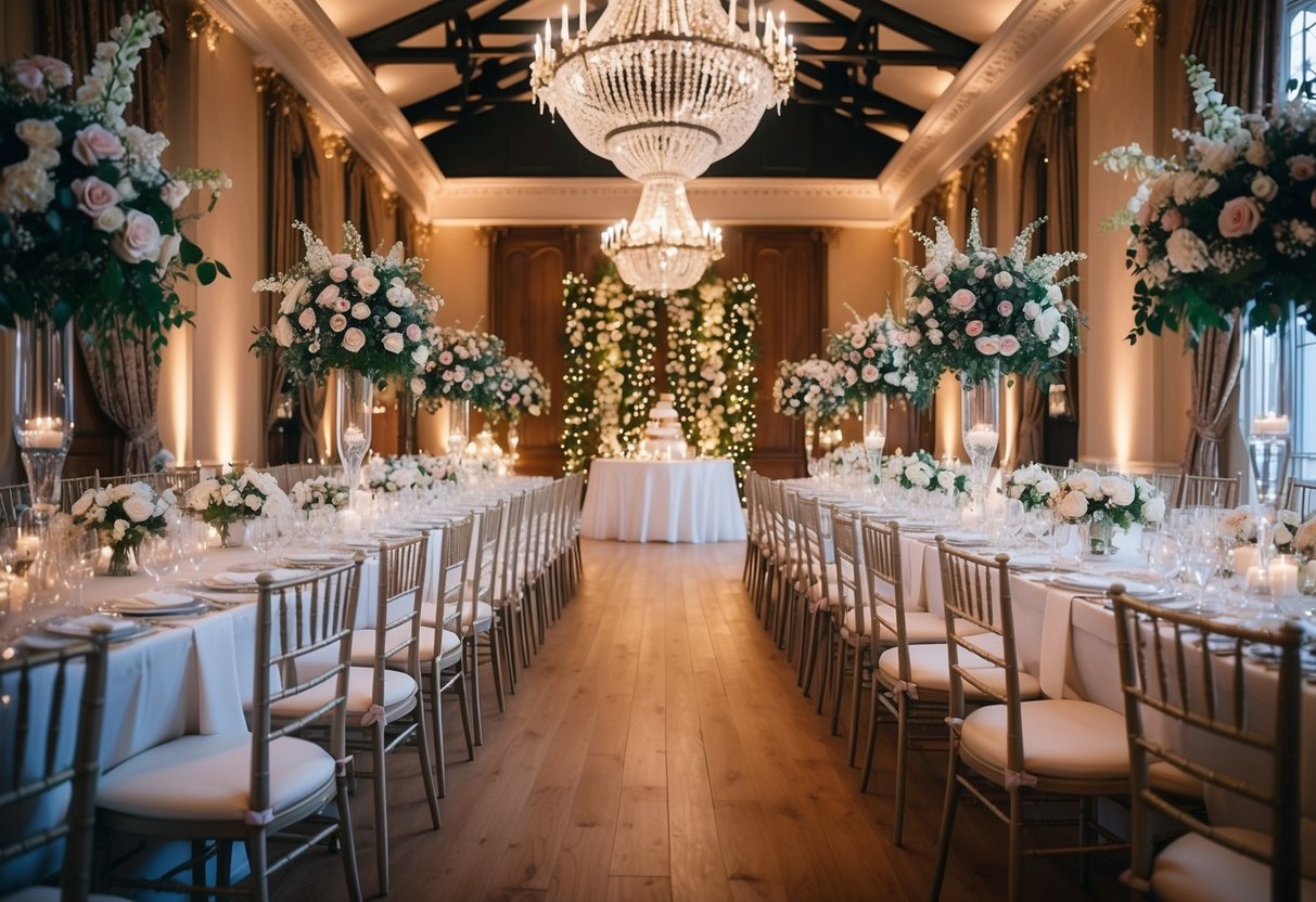 A lavish wedding venue in the UK, adorned with elegant floral arrangements and twinkling fairy lights, set for a grand celebration in 2024