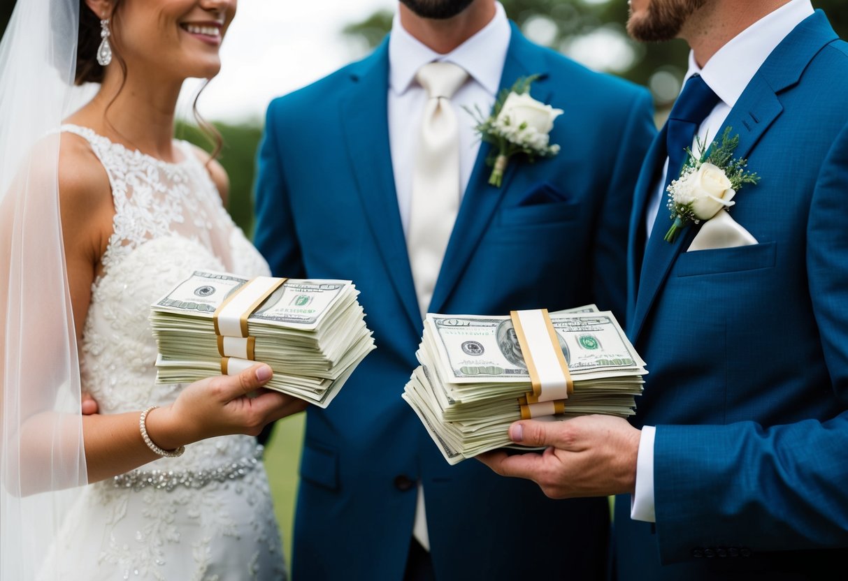 A bride and groom each hold a stack of bills, symbolizing the tradition of couples paying for their own wedding expenses