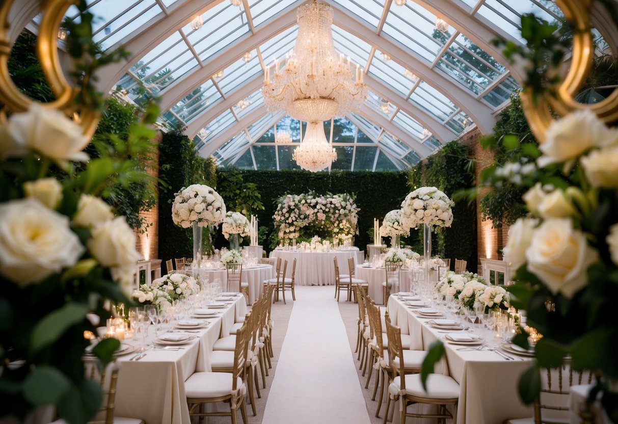 A lavish wedding venue in the UK, adorned with elegant decorations and surrounded by lush gardens, with a grand reception area set up for a celebration in 2024
