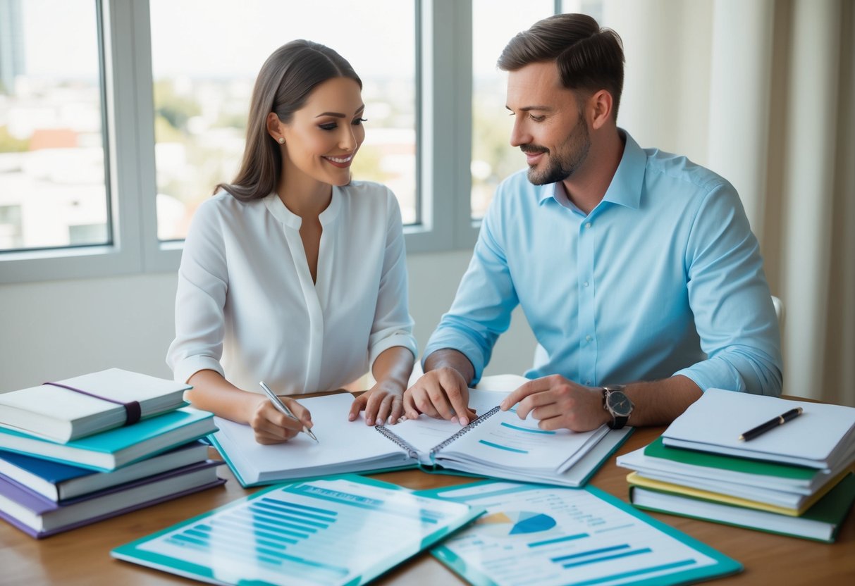 A couple sitting at a table, surrounded by wedding planning books and budget spreadsheets. They are discussing and calculating their wedding expenses
