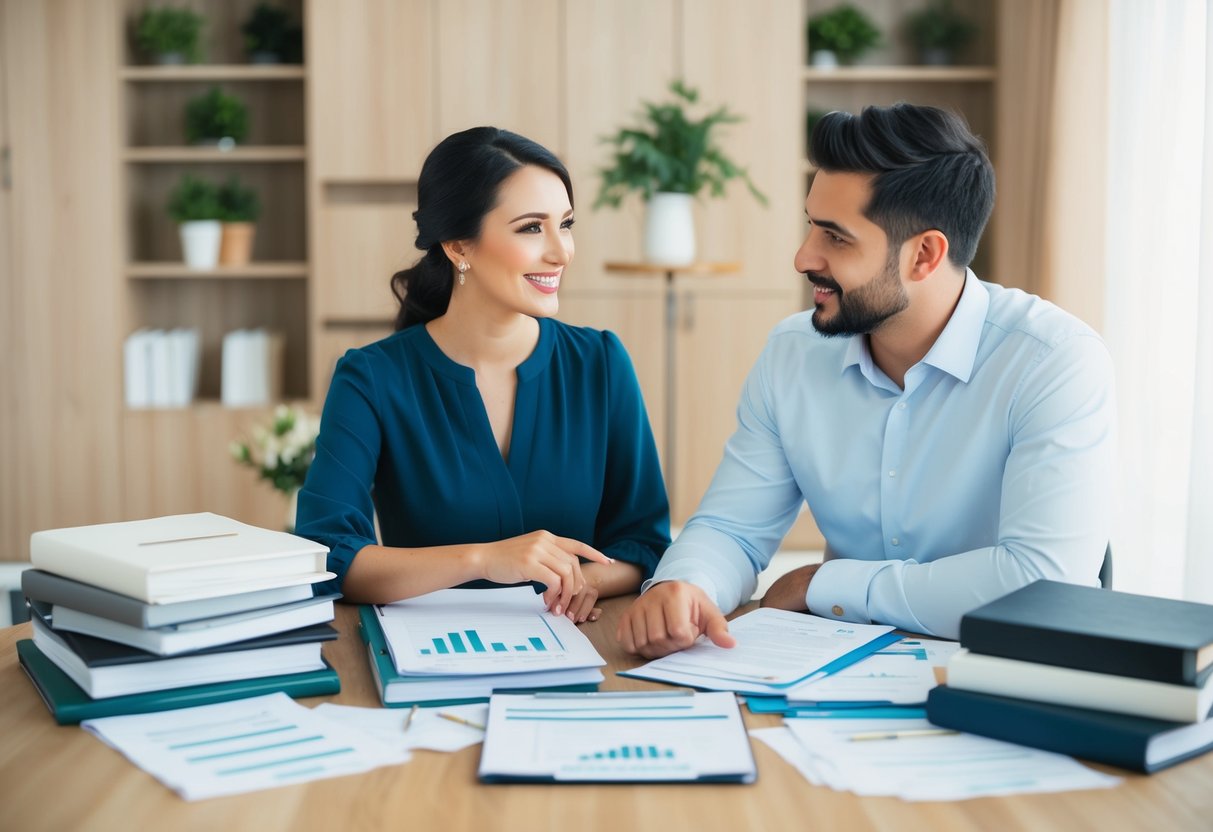 A couple sitting at a table, surrounded by wedding planning books and financial documents, discussing their budget