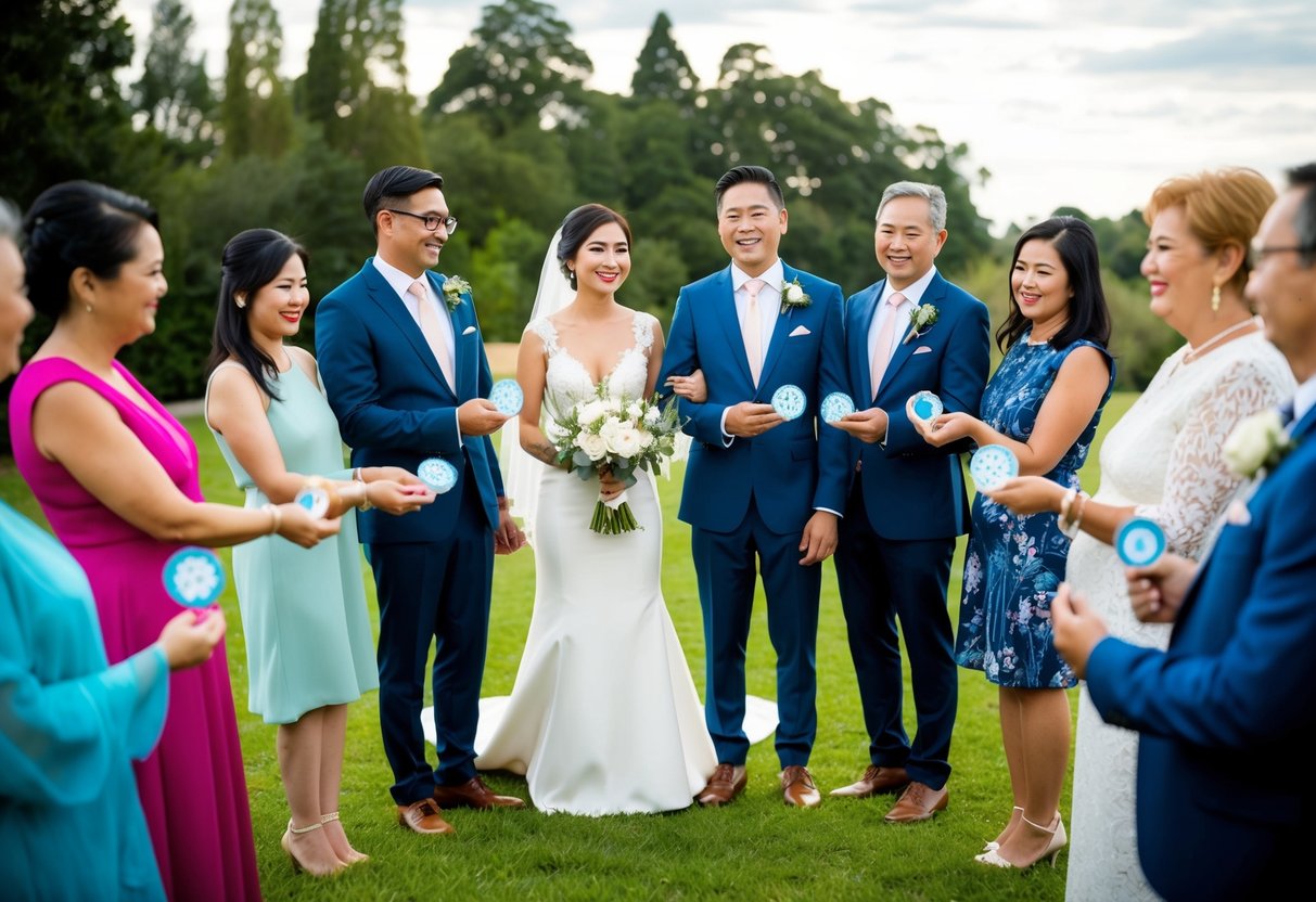 A bride and groom stand at the center of a circle of family and friends, each holding a symbolic object representing their cultural background