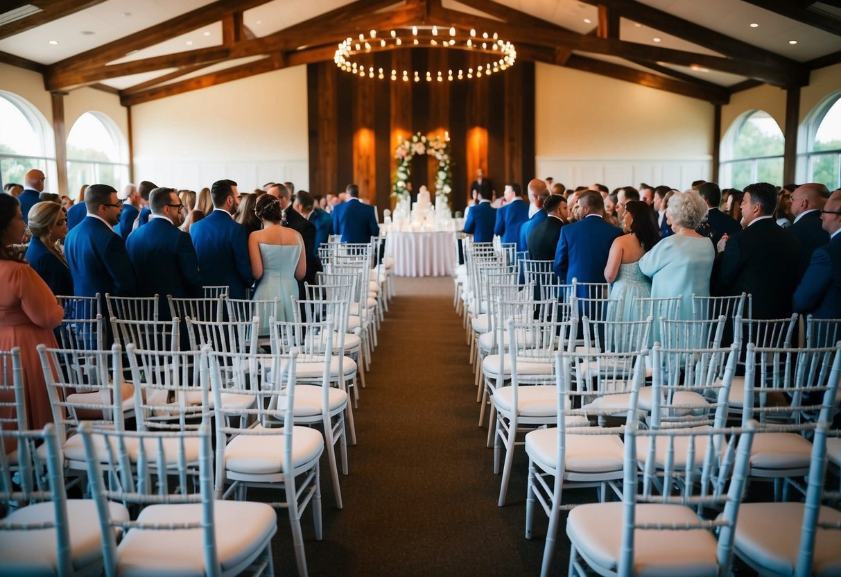A crowded wedding venue with rows of chairs and a decorated altar