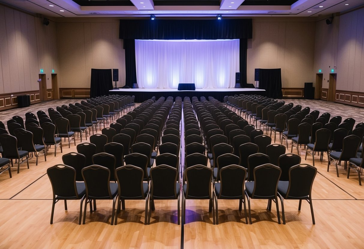 A banquet hall with 100 empty seats arranged in neat rows, with a large dance floor and room for a stage at the front