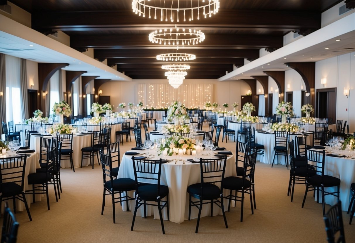 A grand banquet hall filled with rows of elegant tables and chairs, adorned with floral centerpieces and twinkling lights, ready to accommodate 100 guests for a wedding celebration