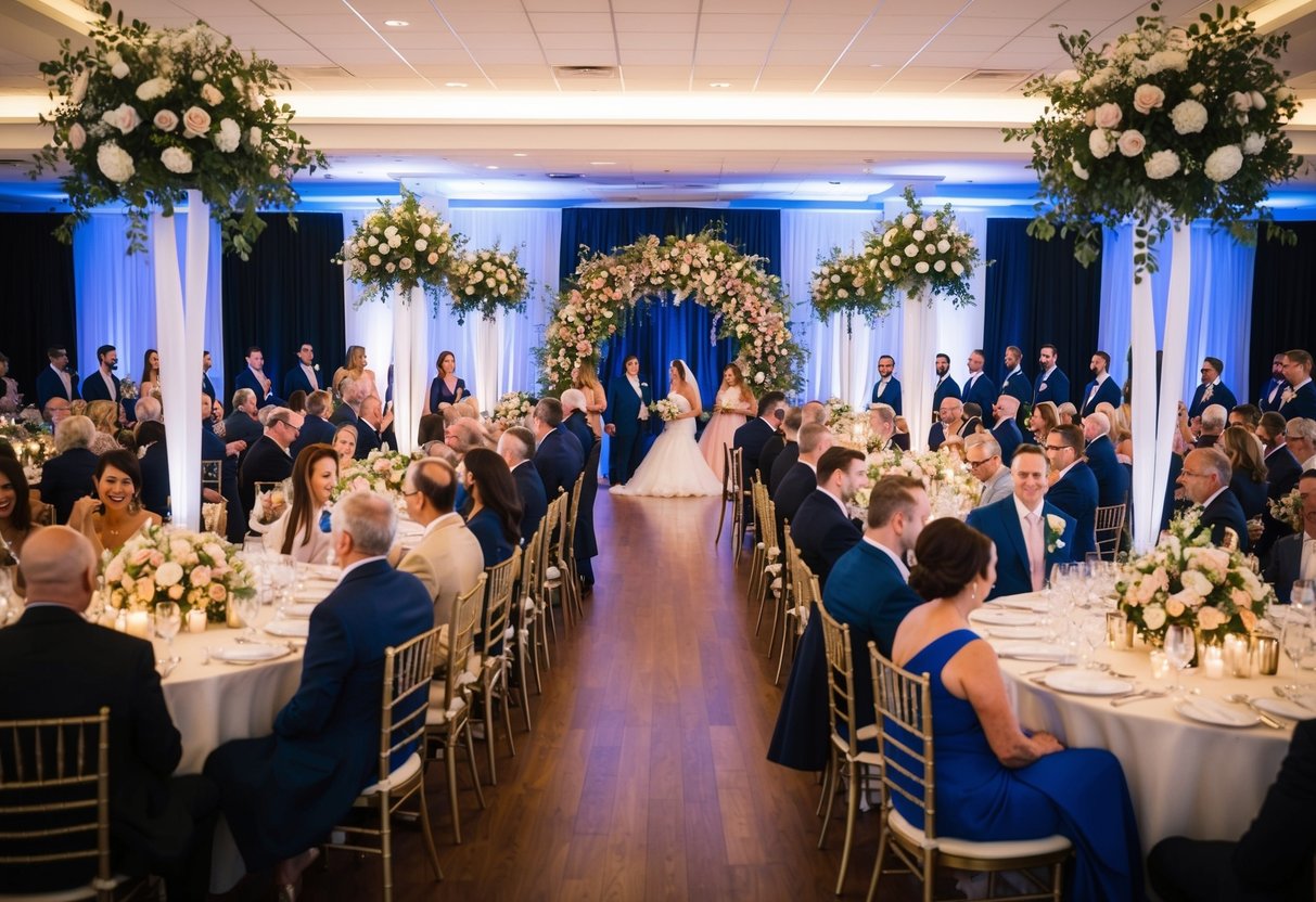 A bustling wedding venue with 100 guests seated in rows, a decorated arch at the front, and a grand floral centerpiece on each table