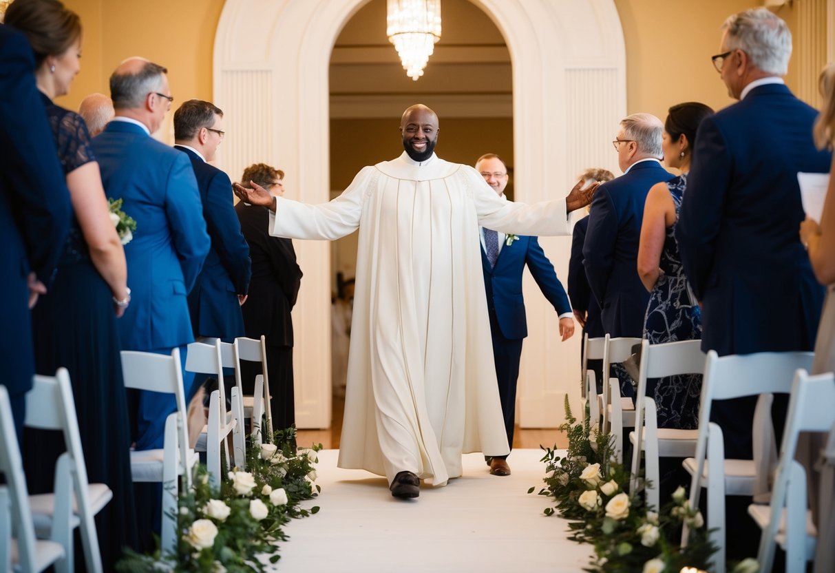 A figure leads the groom down the aisle, radiating strength and support