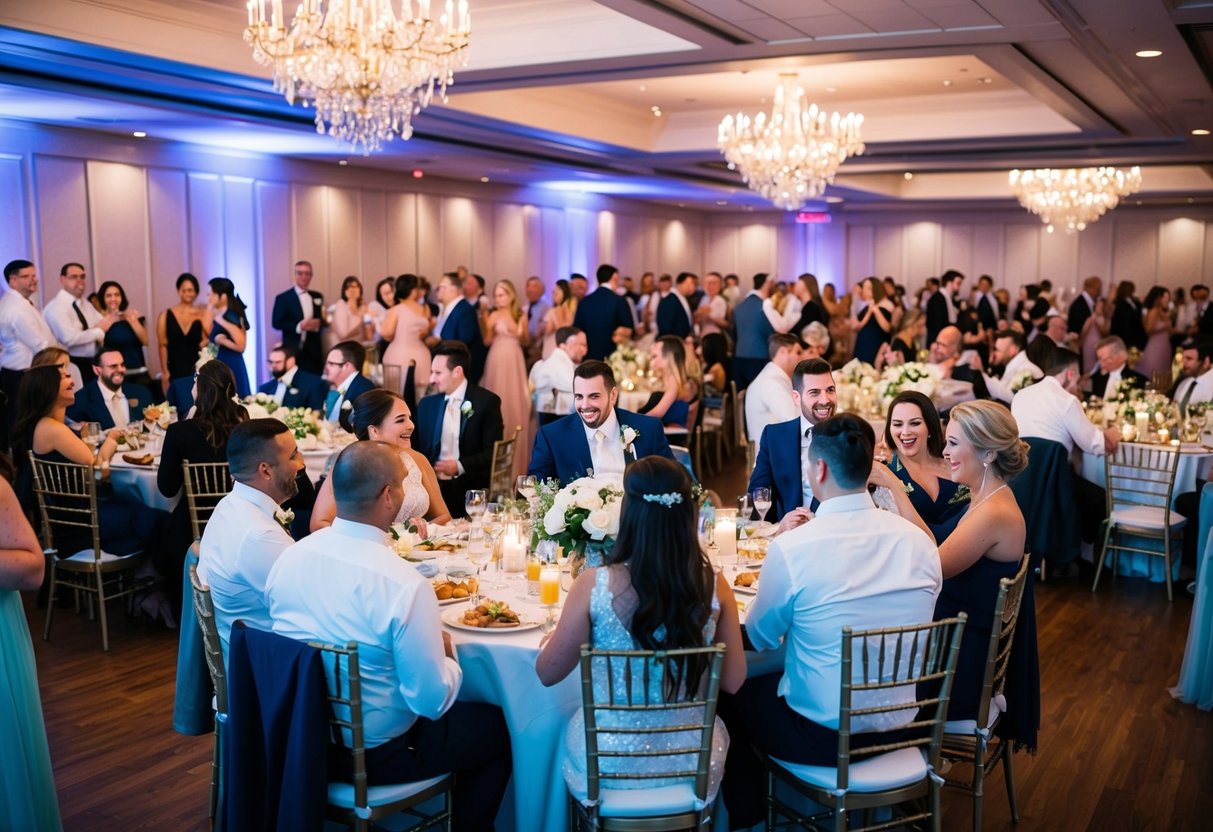 A lively wedding reception with 100 guests enjoying food, drinks, and dancing in a beautifully decorated venue